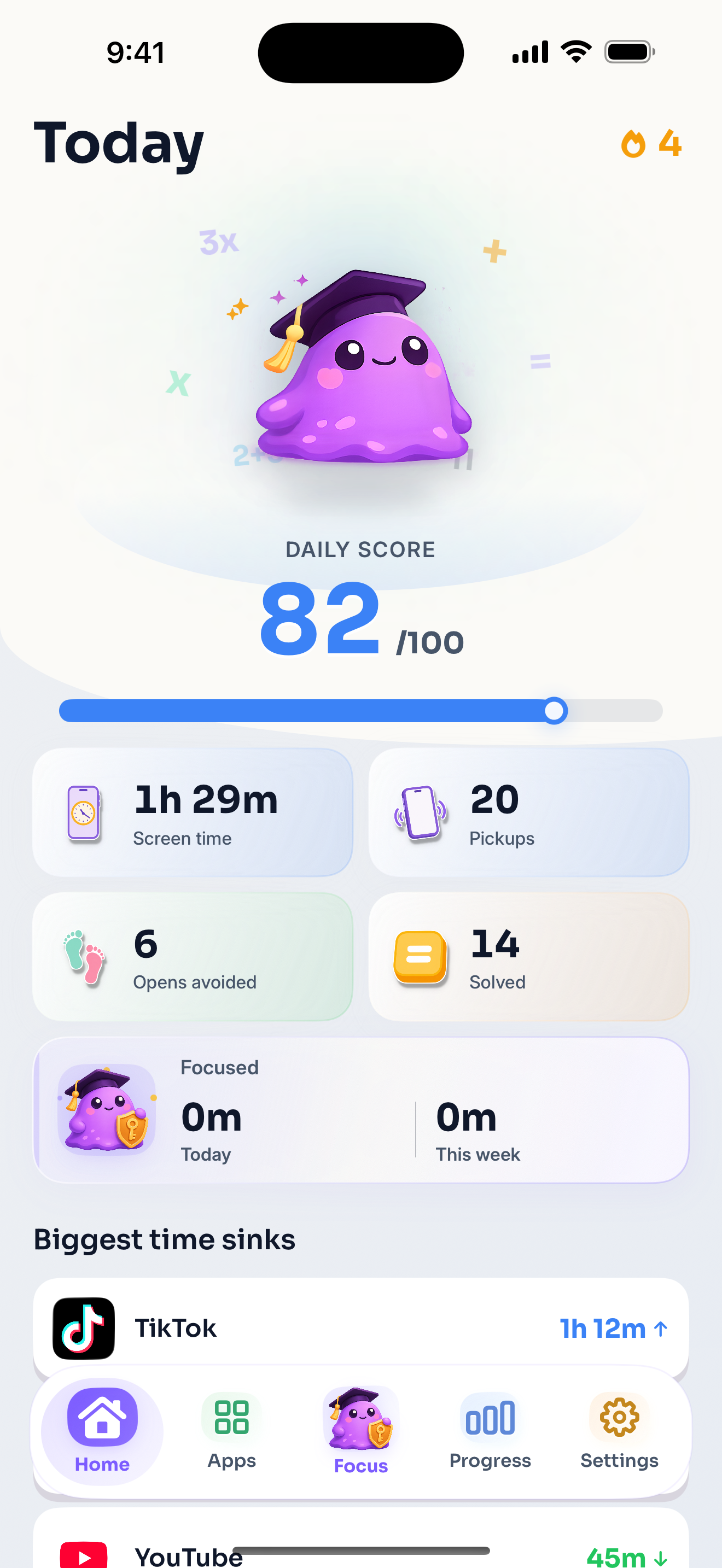 Blob home screen showing daily score, screen time, opens avoided, solved prompts, and focus stats.