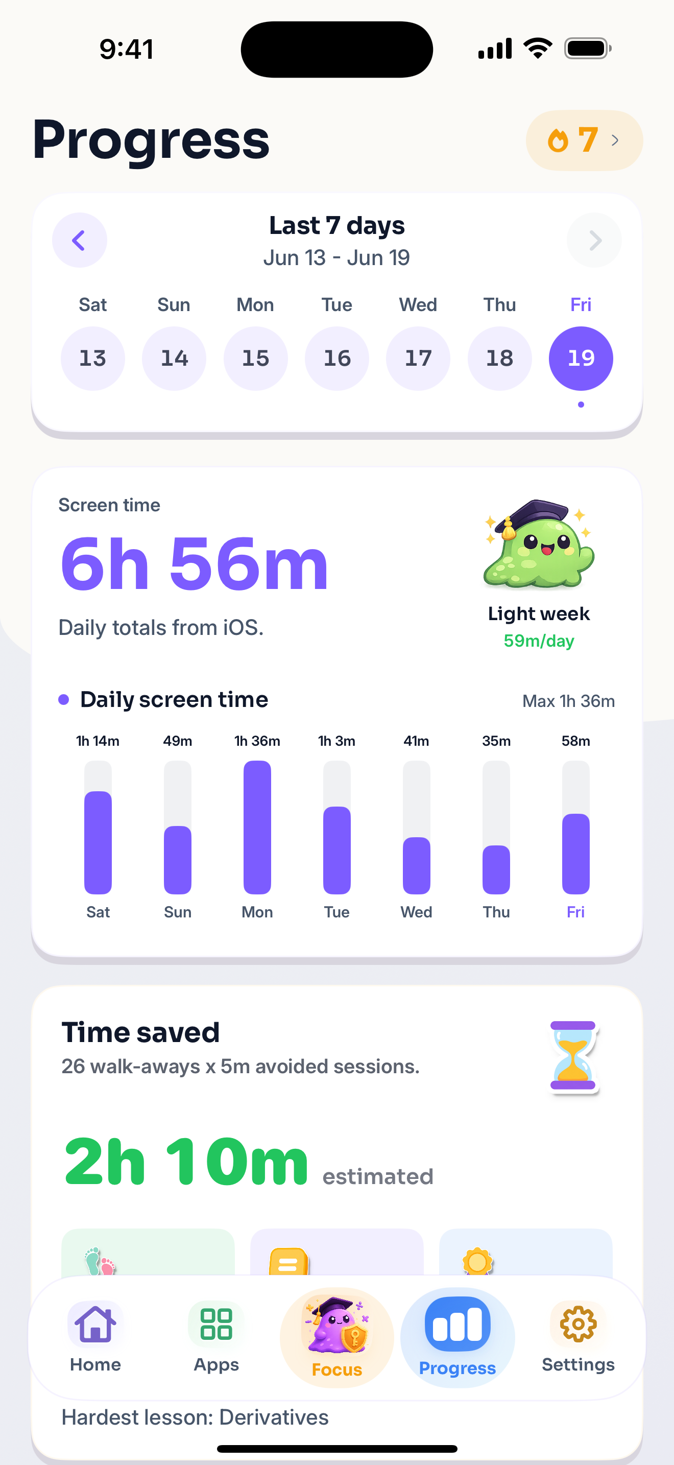 Blob progress screen showing weekly report and walk-away tracking.