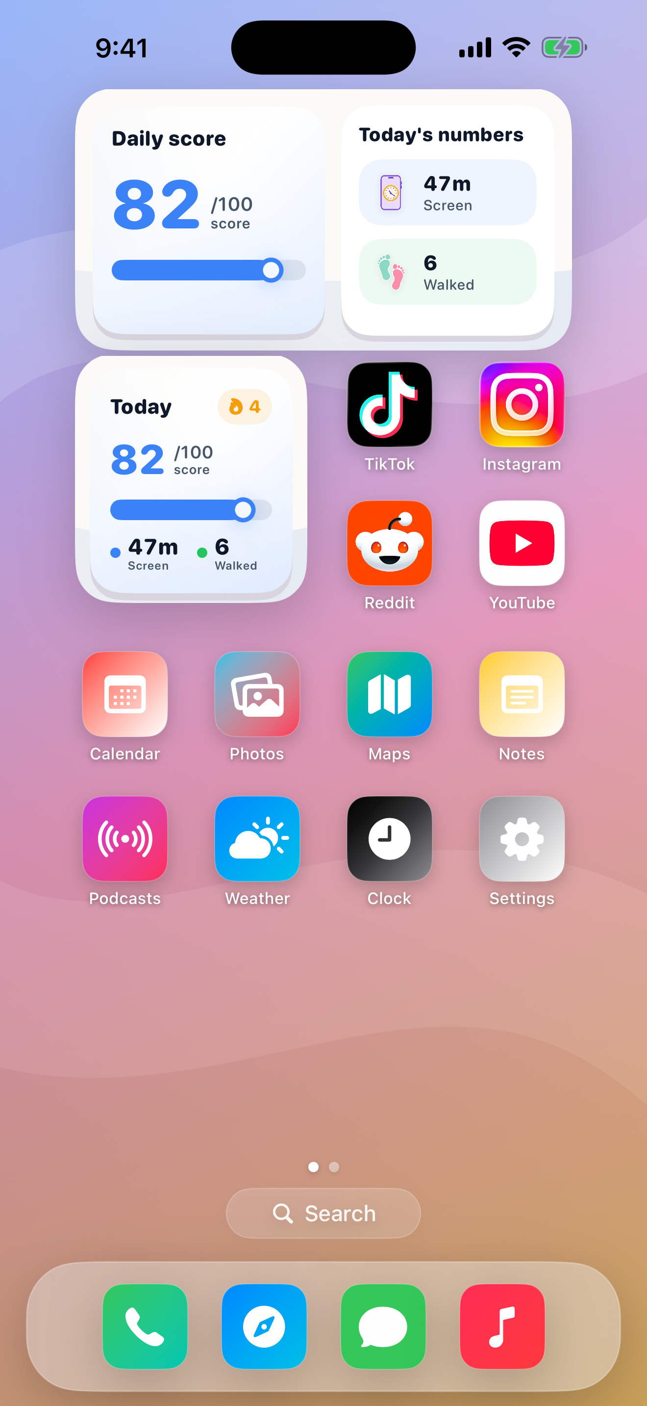 iPhone home screen with Blob daily score widgets above distracting apps.