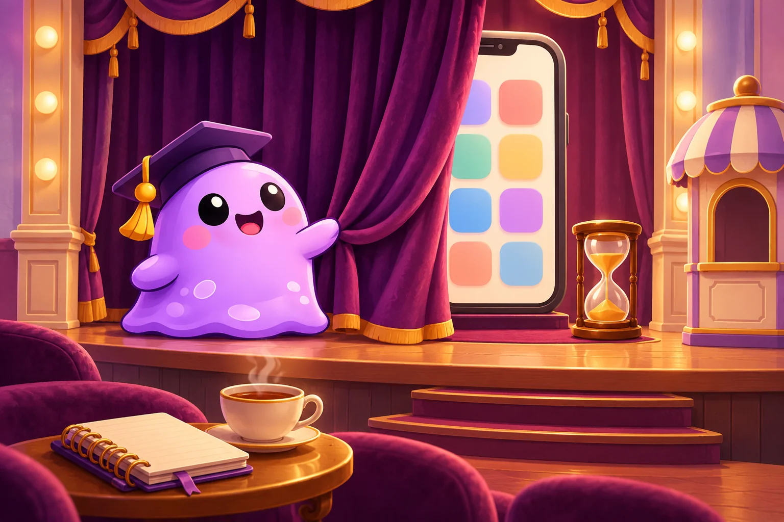 Professor Blob draws a theatre curtain across a phone while a notebook and cup of tea wait in the foreground.