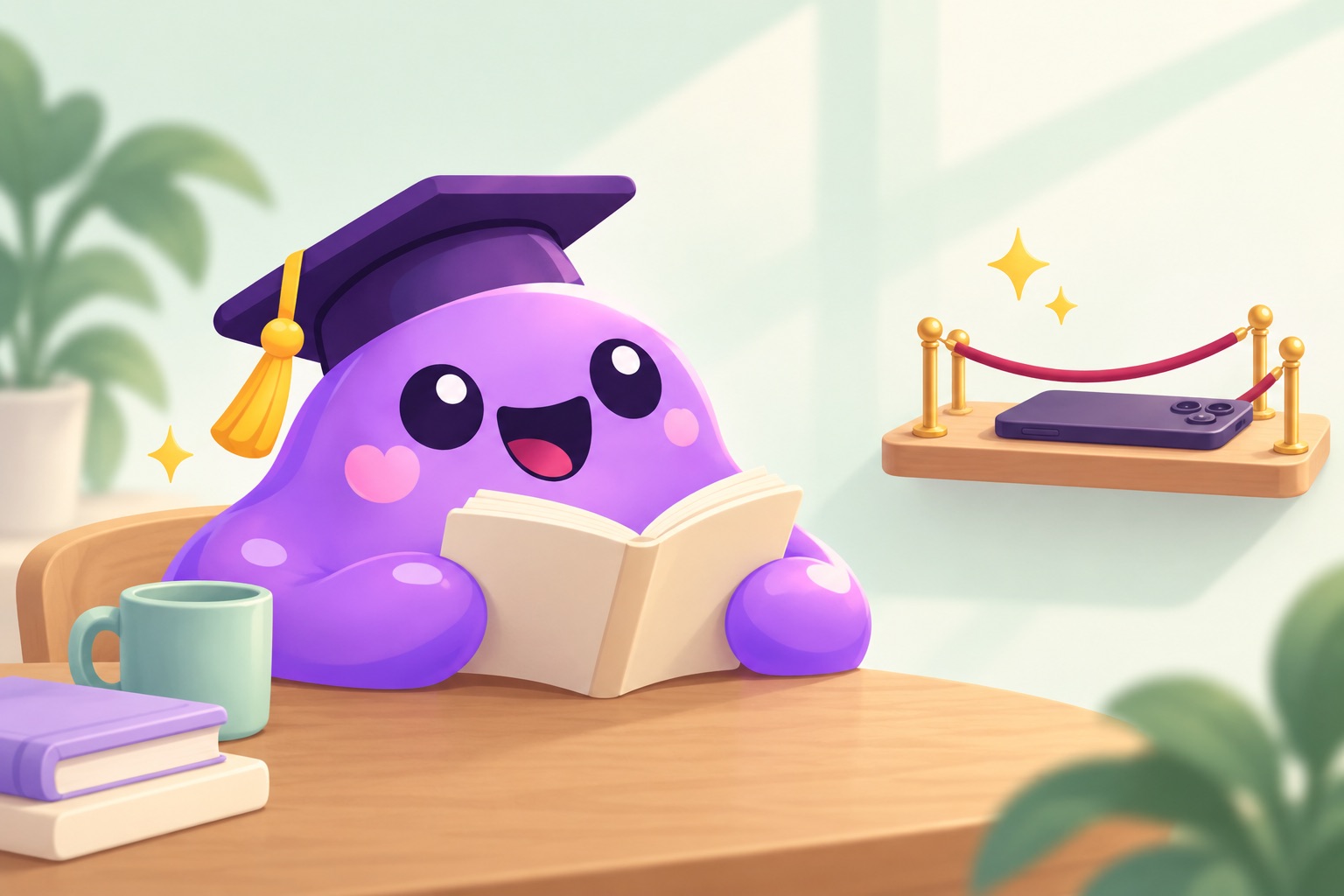 Blob reads a book while a phone waits behind a small velvet rope on a shelf.