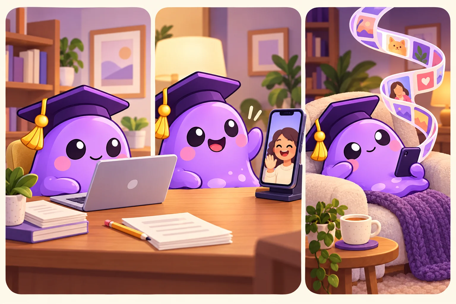 Three scenes show Professor Blob working at a laptop, waving during a video call, and watching a long ribbon of feed posts unwind from a phone.